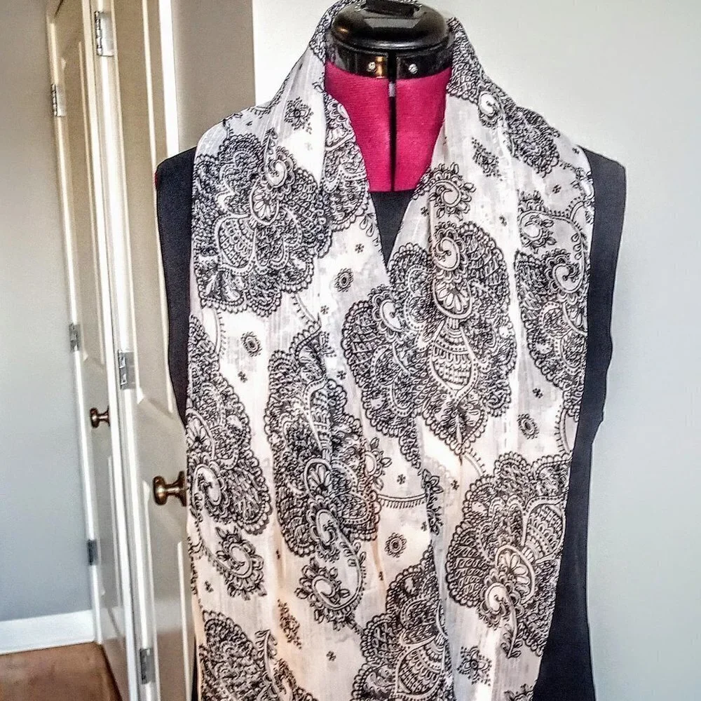 Natura Kirawira B&W Print Sheer Oblong Scarf/Wrap